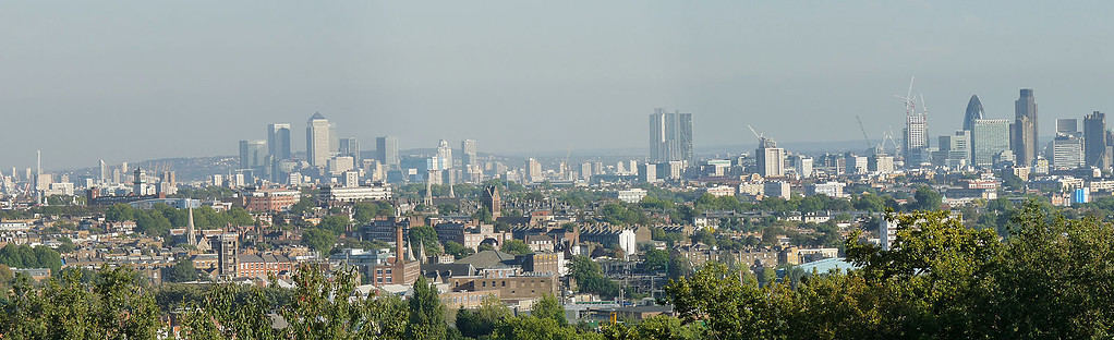 The London skyline as viewed from Hampstead Heath.