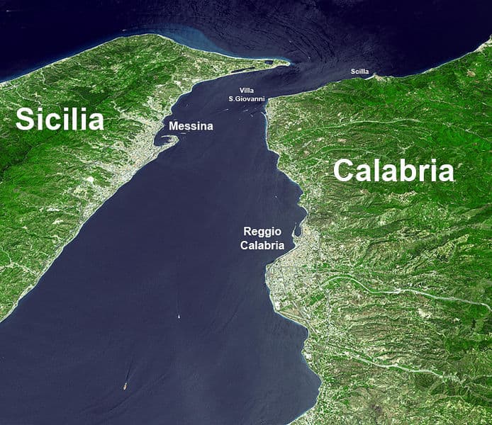 Satellite photo of the Strait of Messina with names. NASA image. Satellite photo of the Strait of Messina.