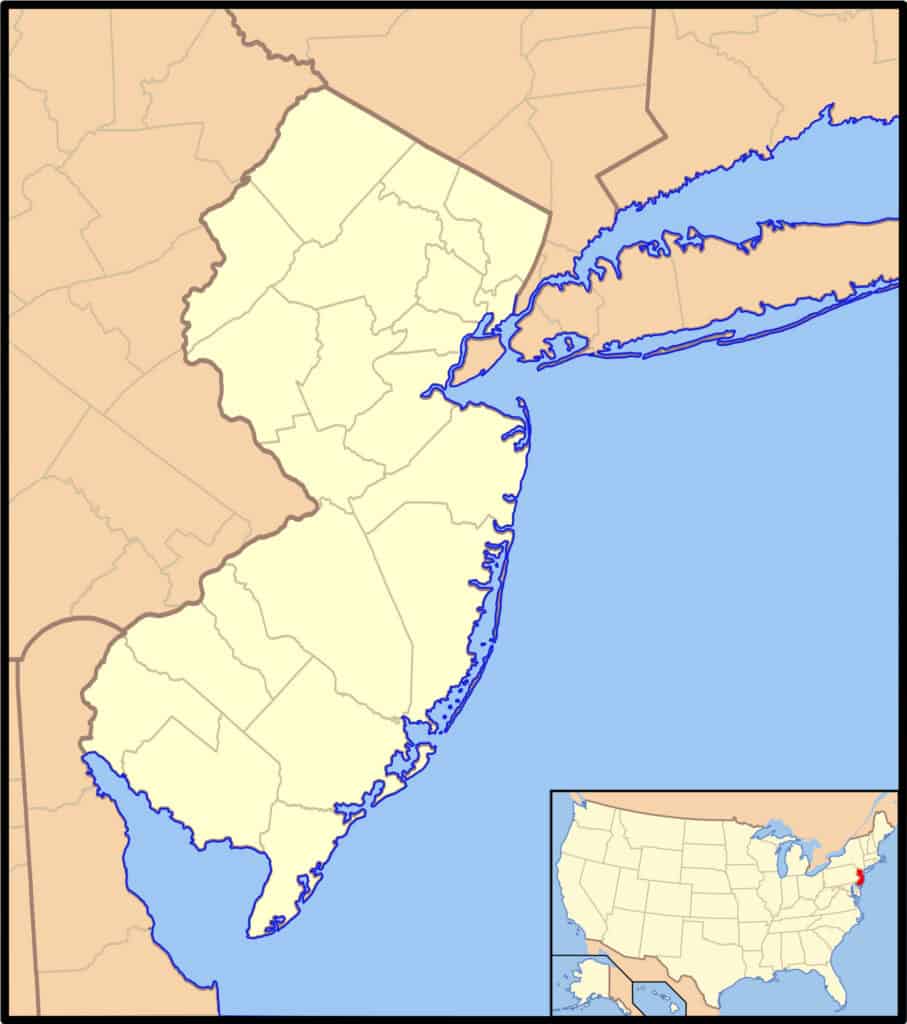 Locator map of New Jersey with its location in the United States as an inset