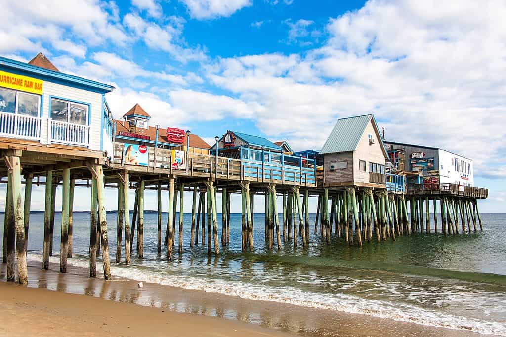 Shops lining Old Orchard Beach pier in Maine