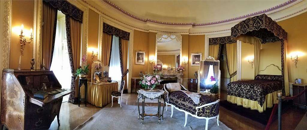 Panoramic photo of Edith Vanderbilt's Room, oval-shaped and decorated in the Louis XV style, at Biltmore House on Biltmore Estate in Asheville, North Carolina