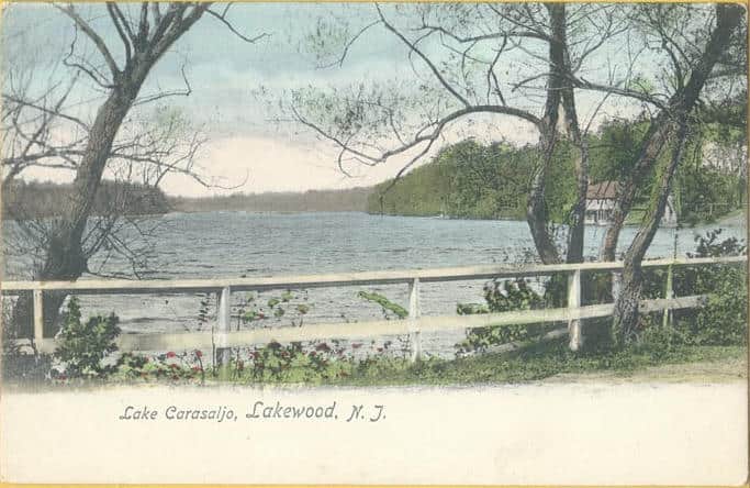 Image of Lake Carasaljo in New Jersey, Originally simply a lake created when a dam was used to create a source of power for mills, the Lake became a vacation spot for wealthy individuals. Lakewood then grew into a large city based on tourism. 