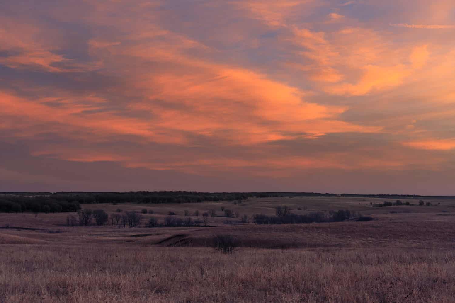 Daybreak as the sun rises in the distance at the Tallgrass Prairie Preserve in Pawhuska, February 2018