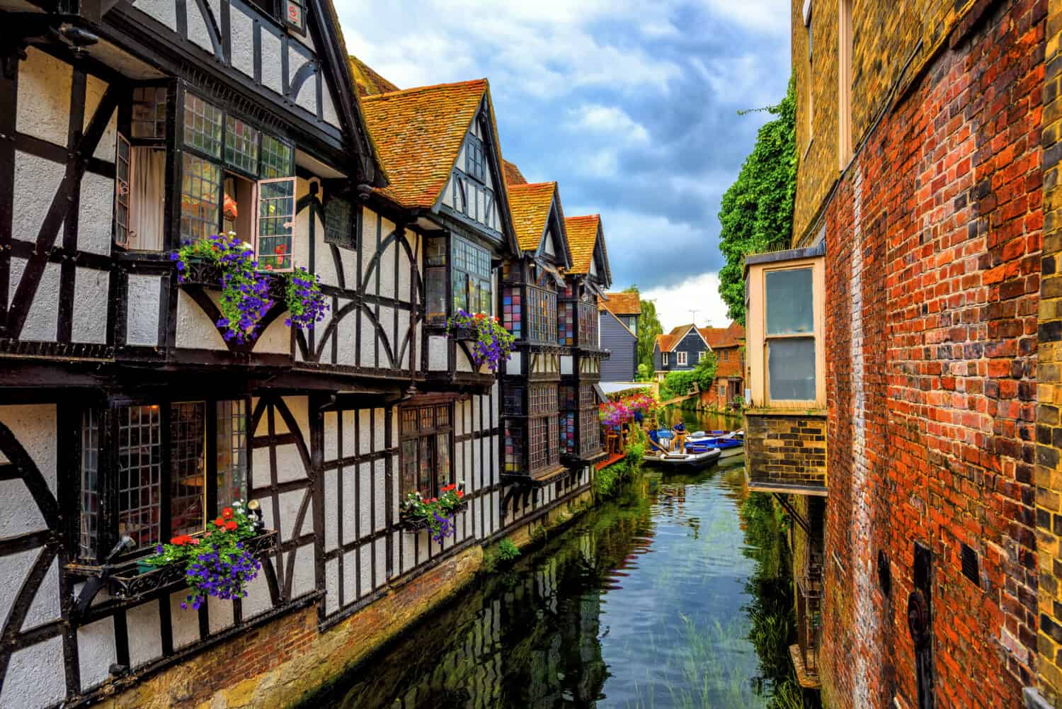 Medieval half-timber houses and Stour river in Canterbury Old Town, Kent, England