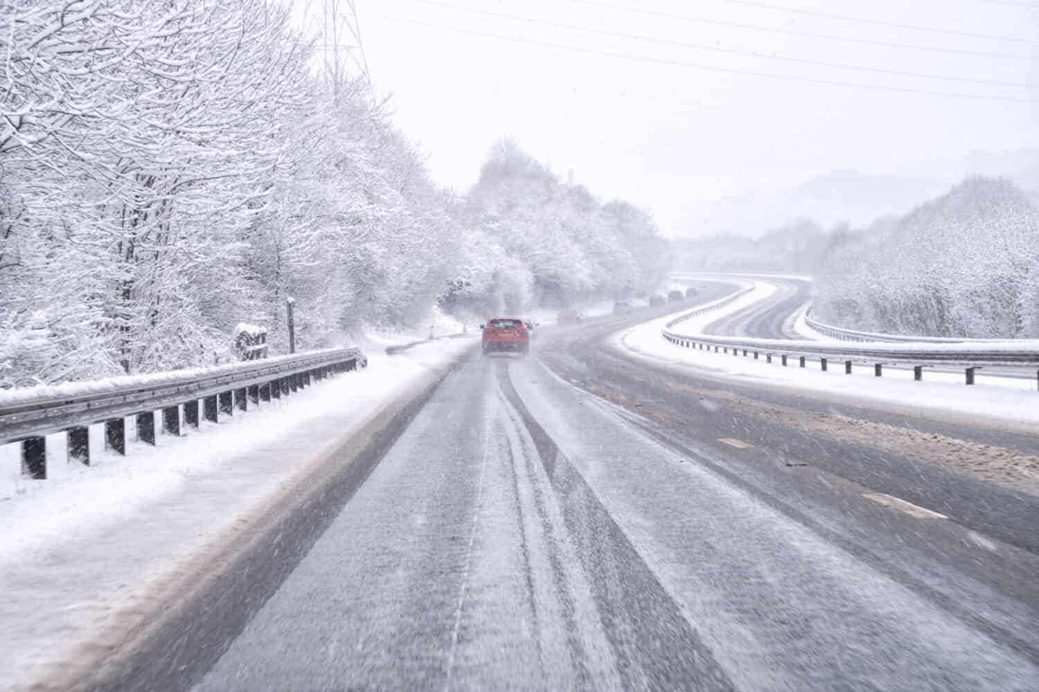 Snow on the A30 between Devon and Cornwall England UK 