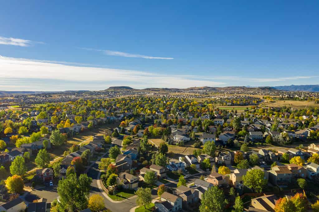 Aerial photo of urban sprawl in the small town of Castle Rock, Colorado