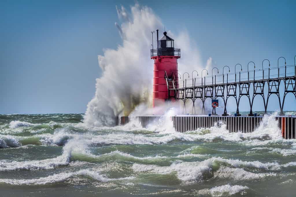 Lighthouse in South Haven Michigan during wind storm