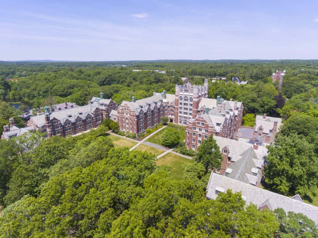 Aerial view of Wellesley College Tower Court in Wellesley, Massachusetts MA, USA.