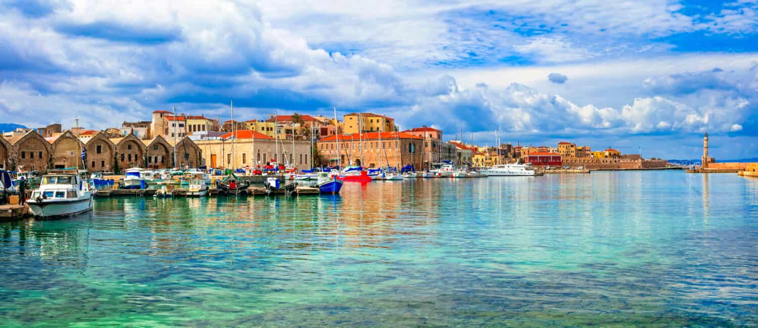 Picturesque old port of Chania. Landmarks of Crete island. Greece