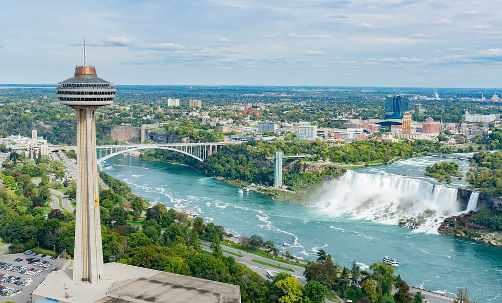 Aerial view of the Skylon Tower and the beautiful Niagara Falls at Canada