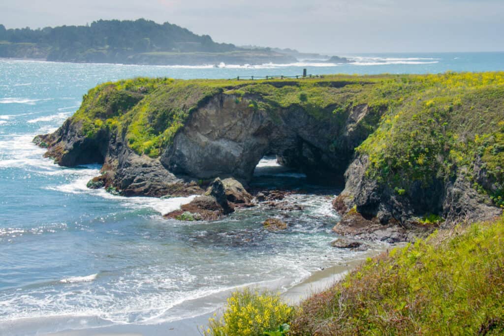 A sea cave and a sinkhole on a headland in Mendocino, California.