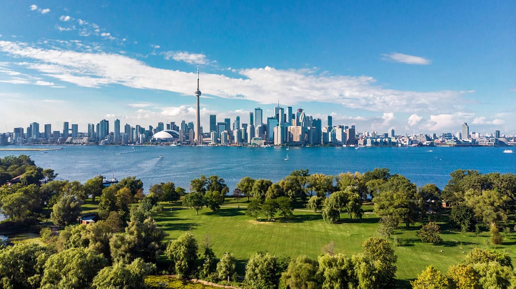 Toronto skyline and Lake Ontario aerial view, Toronto, Ontario, Canada.