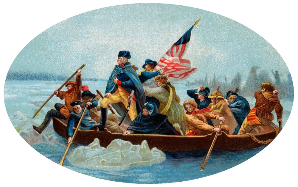 George Washington Crossing the Delaware - An oval, 1908 chromolitho reproduction of Emanuel Leutze's painting (1851) of Washington's December 26, 1776 surprise crossing in the Battle of Trenton