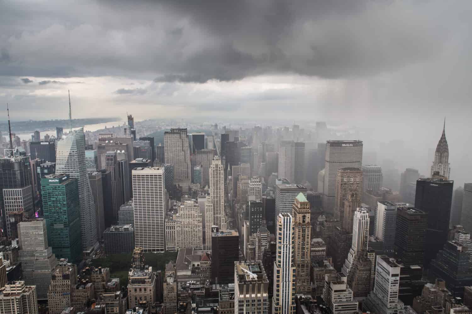 Rain in Manhattan skyline New York City from top of the Empire States Building