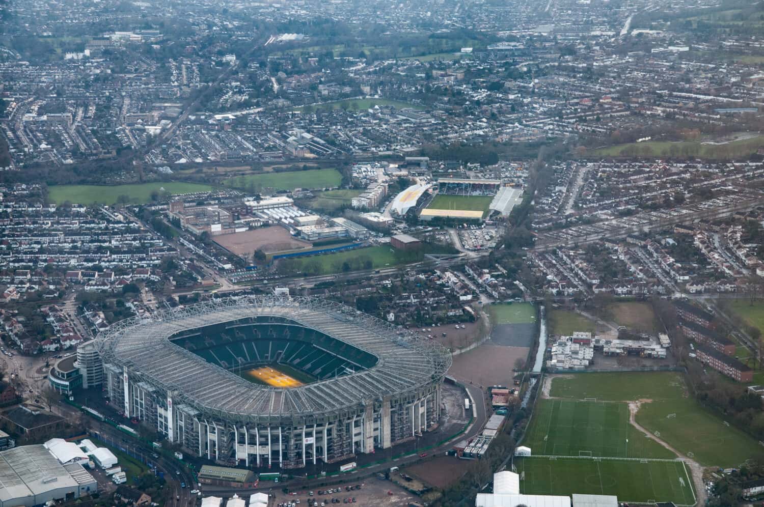 An aerial view of Twickenham and The Stoop rugby grounds taken from the north.