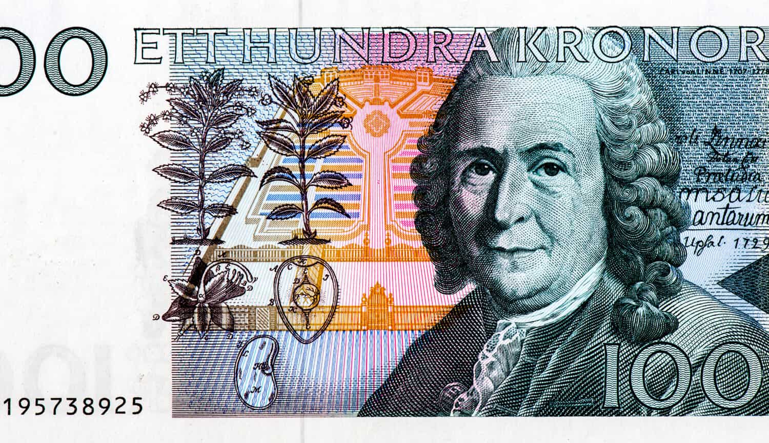 Naturalist Carl von Linne (Linnaeus) (1707-1778), Portrait from Sweden 100 Kronor 2006 Banknotes. 