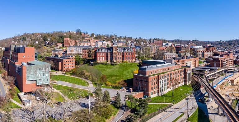 Aerial drone panoramic shot of the empty downtown campus of WVU in Morgantown West Virginia during the coronavirus shutdown