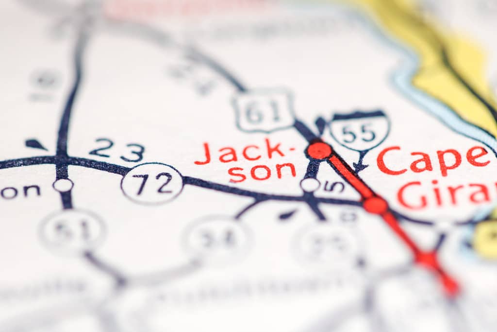 Jackson. Missouri. USA on a geography map.