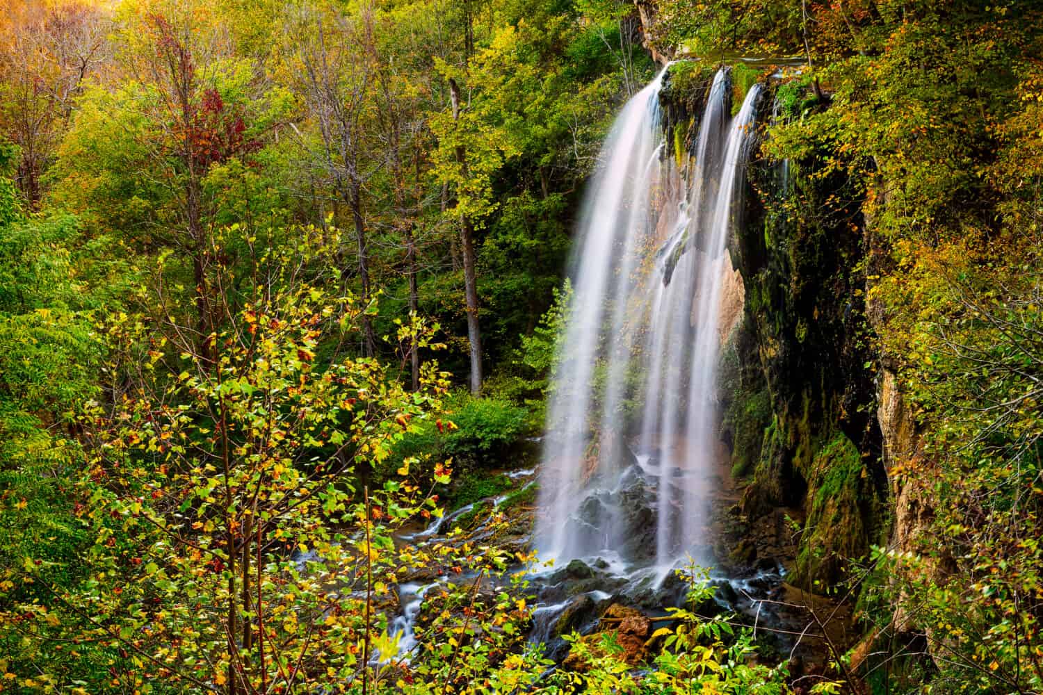 Appalachian mountains long exposure of Falling Spring Waterfall and green yellow forest trees in rural countryside autumn in Covington, Virginia