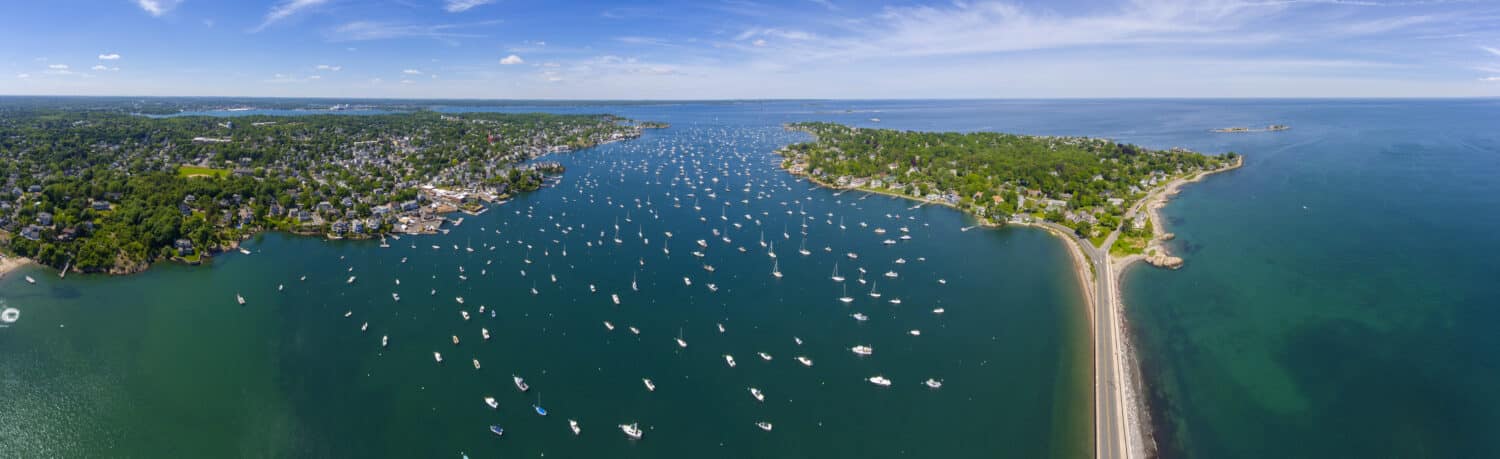 Aerial view panorama of Marblehead Neck and Marblehead Harbor in town of Marblehead, Massachusetts MA, USA. 