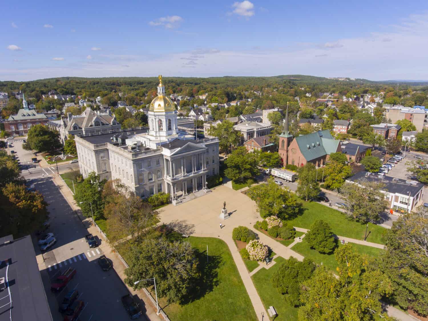 New Hampshire State House aerial view, Concord, New Hampshire NH, USA. New Hampshire State House is the nations oldest state house, built in 1816 - 1819.
