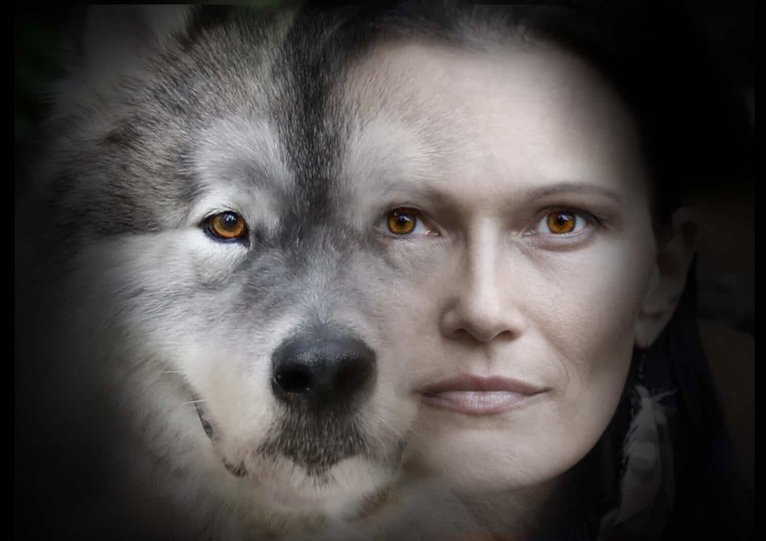 Photo collage of portraits of a beautiful woman and an Alaskan Malamute dog