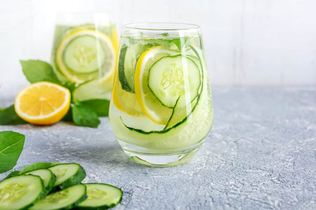 Fresh cool detox water drink with cucumber and lemon. glass of Lemonade with basil and mint leaves. Concept of proper nutrition and healthy eating. Fitness diet. Copy space for text