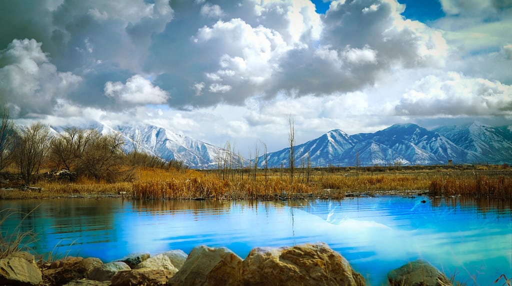 Stunning Mountain View over Utah Lake at Utah Lake State Park Provo Utah February 2021