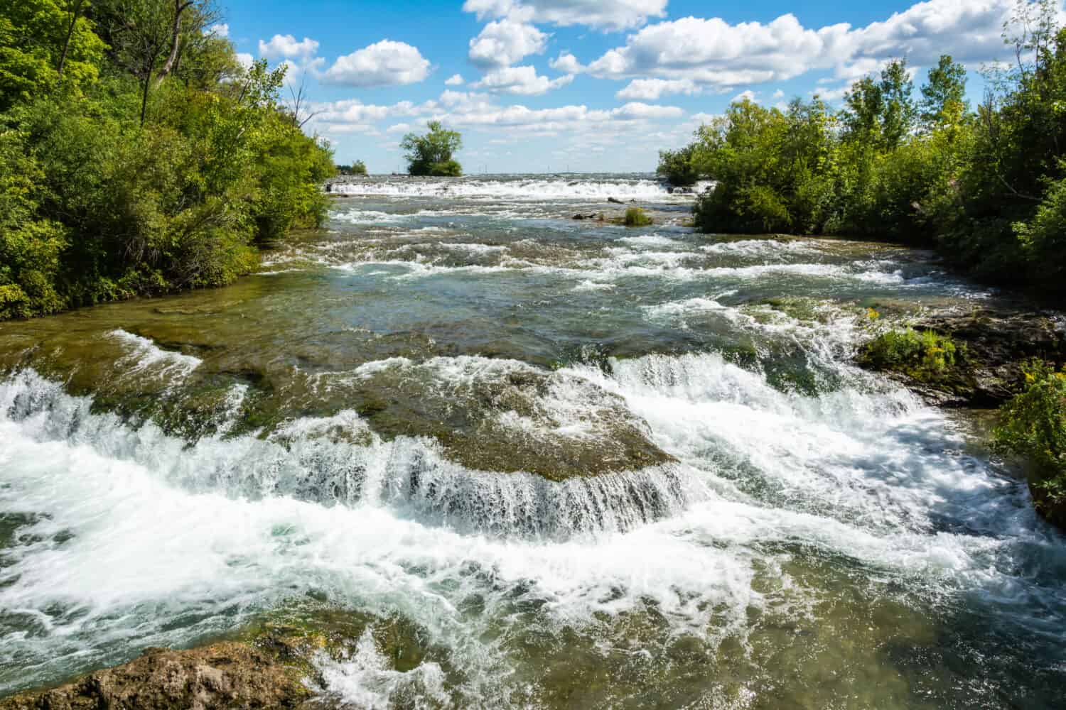 View of Niagara River at Three Sisters Island in Niagara Falls State Park in the United States of America.