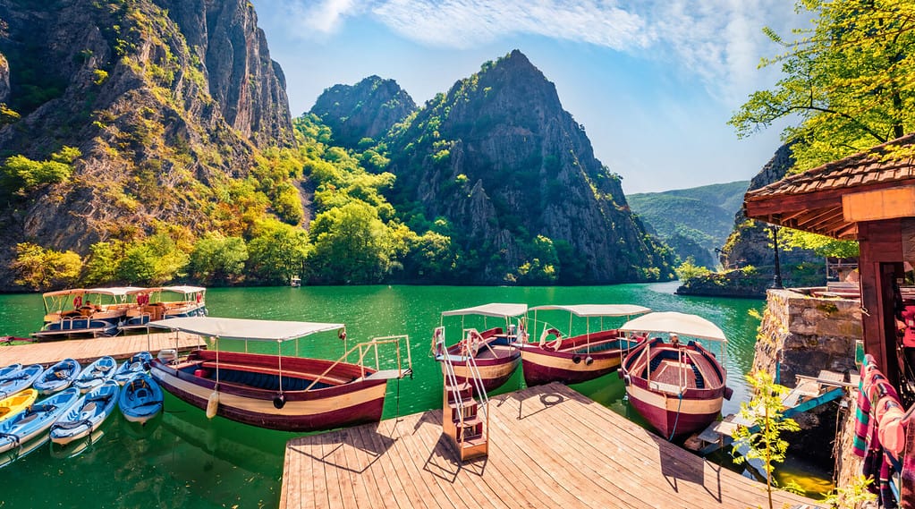 Attractive spring view of popular tourist destination - Matka Canyon. Wonderful morning scene of North Macedonia, Europe. Traveling concept background.