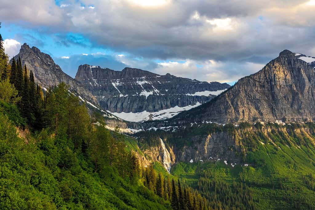 Bird Woman Falls between Mountain Oberlin and Cannon in Glacier National Park, Montana, USA