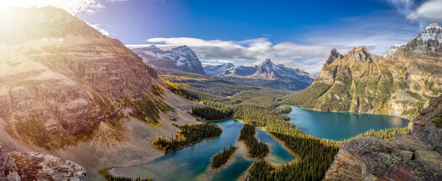 Panoramic View of Glacier Lake with Canadian Rocky Mountains in Background. Sunny Fall Day. Located in Lake O'Hara, Yoho National Park, British Columbia, Canada. Nature Panorama