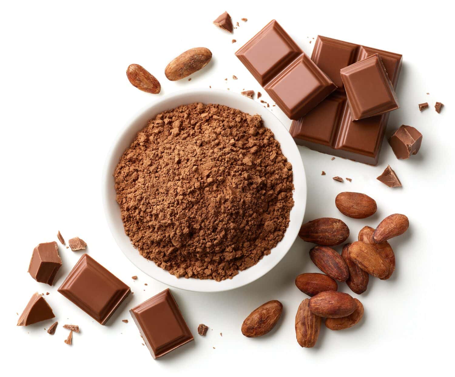 Bowl of cocoa powder, broken chocolate pieces and cocoa beans isolated on white background, top view