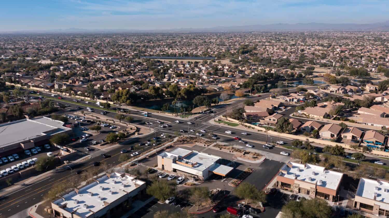Afternoon aerial view of dense urban core of Surprise, Arizona, USA.