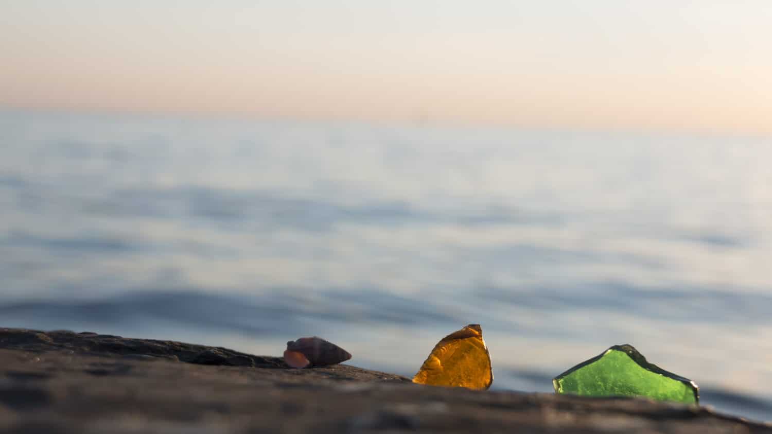 sea glass and shell with ocean , beach and seascape