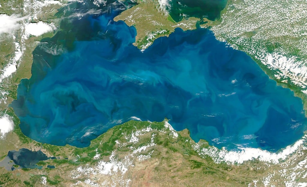 Phytoplankton Blooms in the Black Sea, Top view of Black Sea, Aerial view of Istanbul Bosporus, Turkey, Crimea, Ukraine, Russia, Earth Satellite Photo HD. Elements of this image furnished by NASA.
