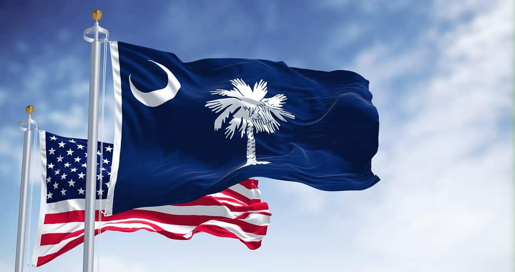 The South Carolina state flag waving along with the national flag of the United States of America. South Carolina is a state in the coastal Southeastern region of the United States