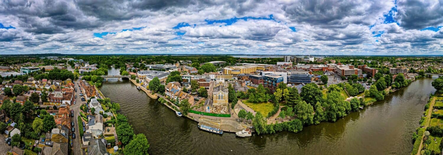 Aerial view of Staines-upon-Thames, a town on the left bank of the River Thames in Surrey, England