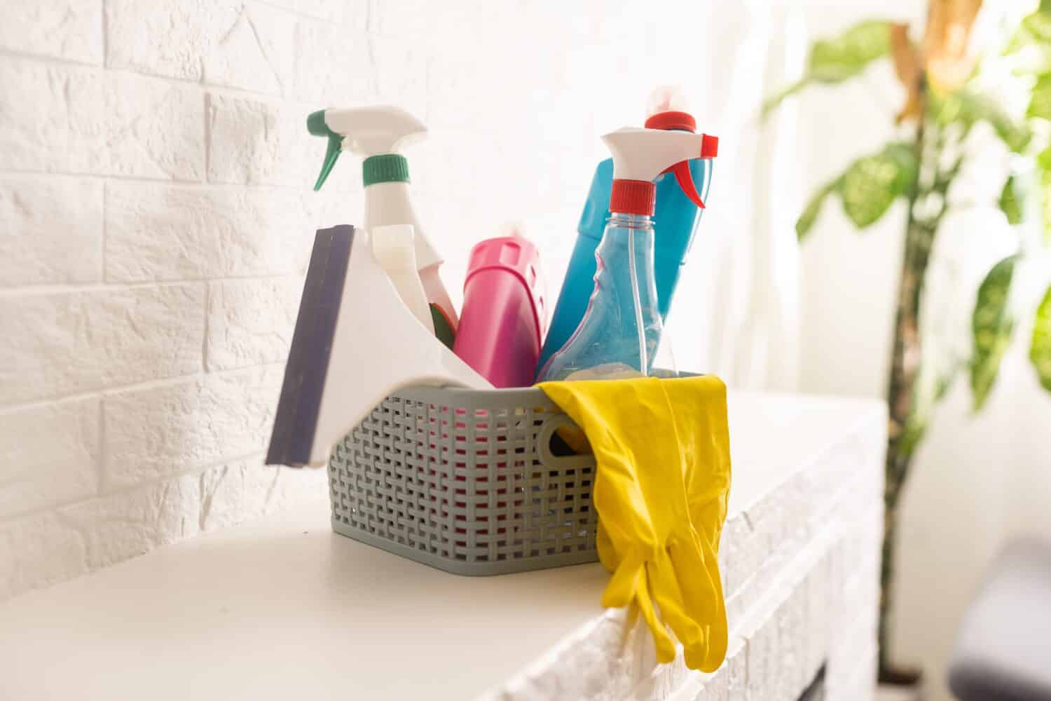 Cleaning products, detergents on white background.
