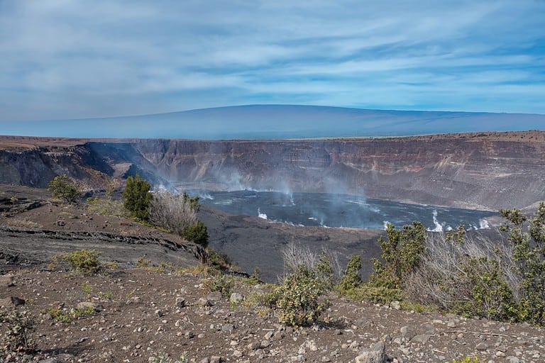 View of the caldera of the Kilauea volcano, the most active of the five volcanoes that form Hawaii island, Hawaii Volcanoes National Park, USA
