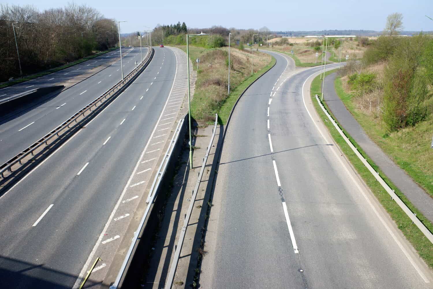 View above the A41 and slip road in Leavesden, North Watford, Hertfordshire, England, UK
