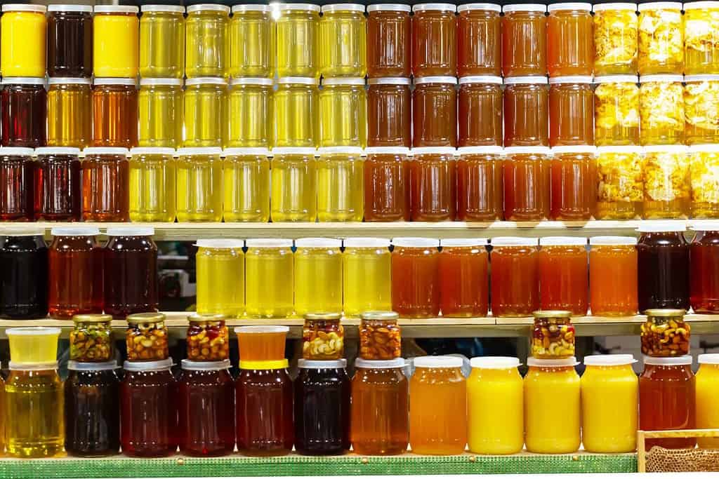 Various types of honey on the counter. East market. Makhachkala, Dagestan, Russia - October 1, 2022.