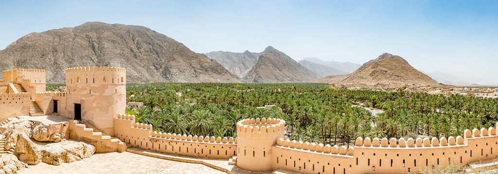 Nakhal Fort in Al Batinah Region of Oman. It is located about 120 km to the west of Muscat, the capital of Oman. Nakhal town is known as the town of oasis.