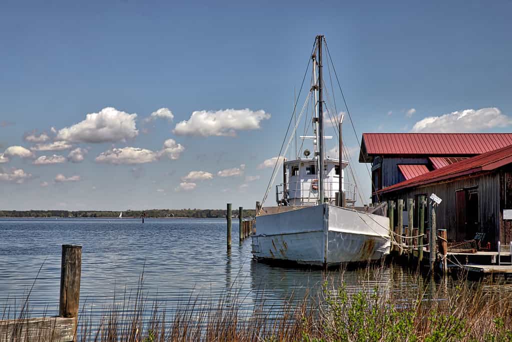 Working boat on a beautiful Spring day at the Chesapeake Bay Maritime Museum in St Michael's, Maryland.
