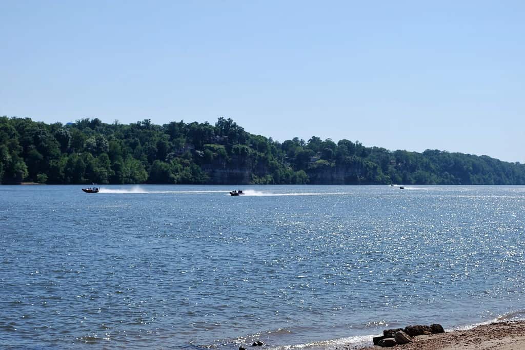 Bass boats race back to the harbor for weigh in during a bass tournament on Pickwick Lake.