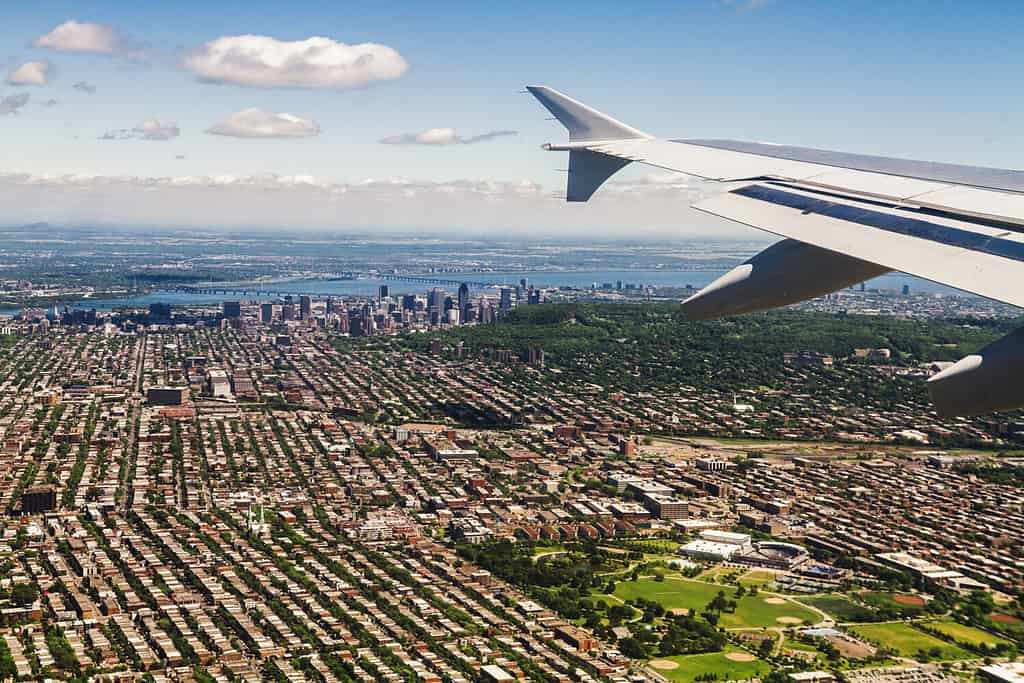 Aerial view of Montreal downtown right before landing on Pierre Trudeau Airport, Quebec, Canada.