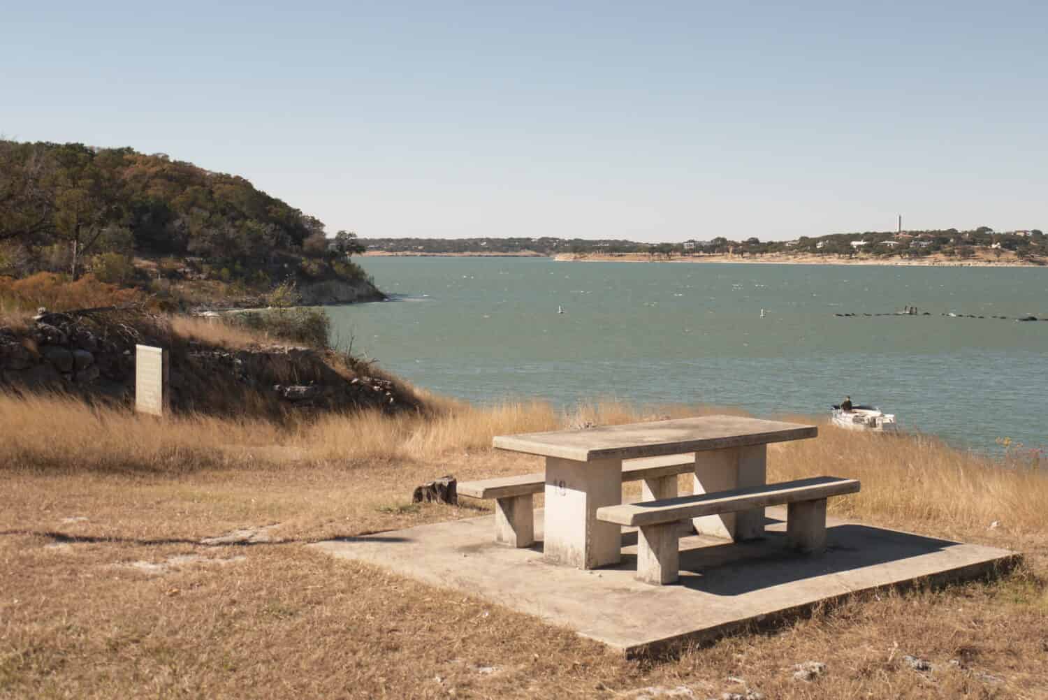 Park bench by Canyon Lake, Texas
