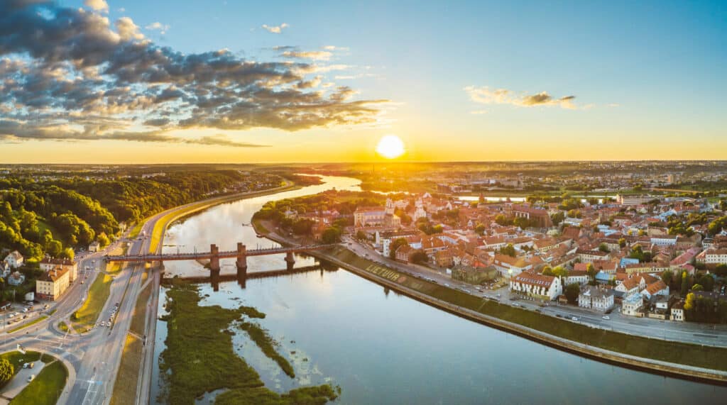 Kaunas old town, Lithuania. Drone aerial view. Summer sunset.