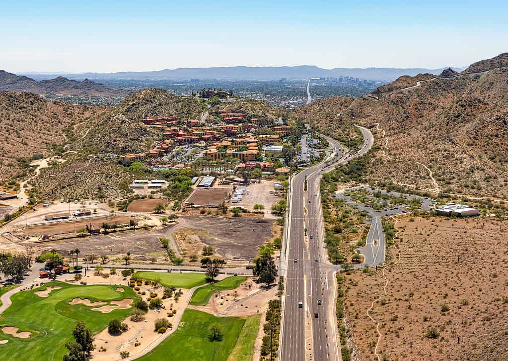 Aerial view looking south down 7th street towards downtown Phoenix, Arizona from above the North Mountain Preserve area