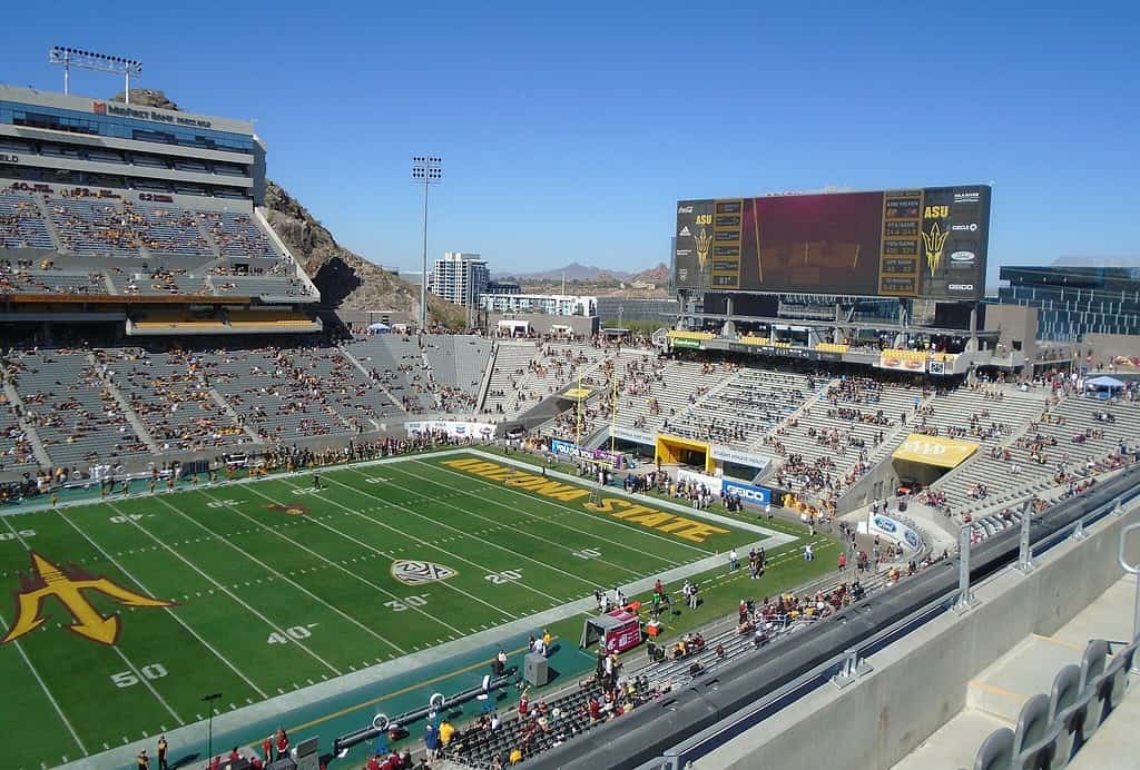 view of the stands and screen of sun devil stadium in 2021, Tempe, AZ
